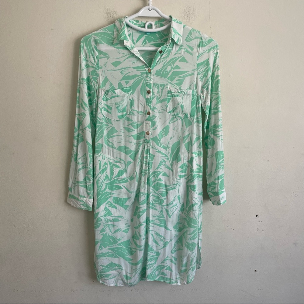 Melissa Odabash Lois Tunic Shirt Dress Tropical Mint Leaf Print Sm Resortwear